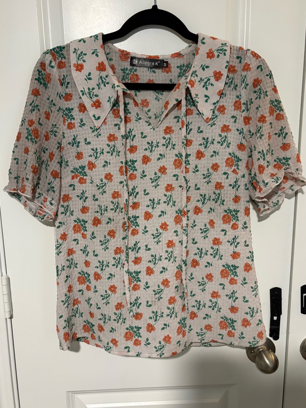 Allegra K Cream Orange & Green Floral Collared Short Sleeve Blouse